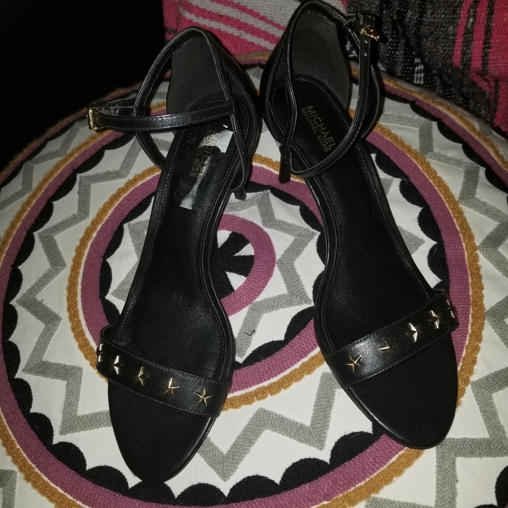 michael kors simone star strapy open toe heels black Leather